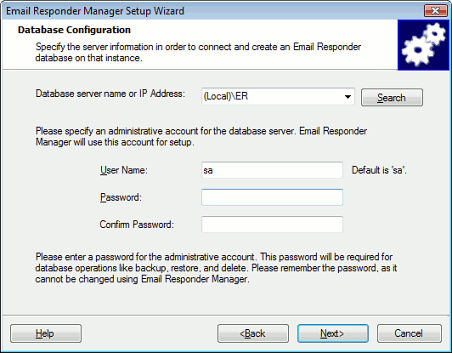 Email Responder Manager Setup Wizard Database Configuration—New Install