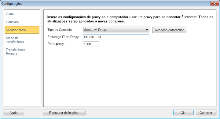 Configurar a conexão do Servidor Proxy