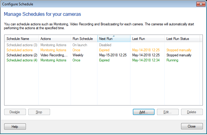 WebCam Monitor - Manage Schedule Window